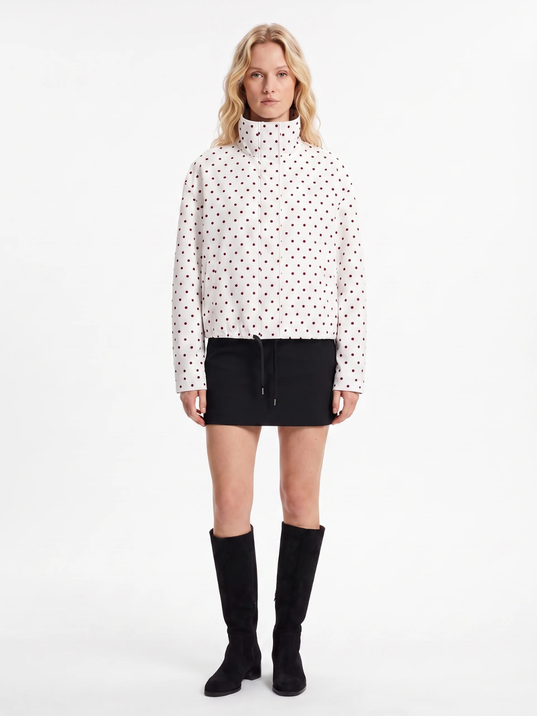 Emily | Polka Dot Stand Collar Jacket, Drawcord Hem Autumn Coat