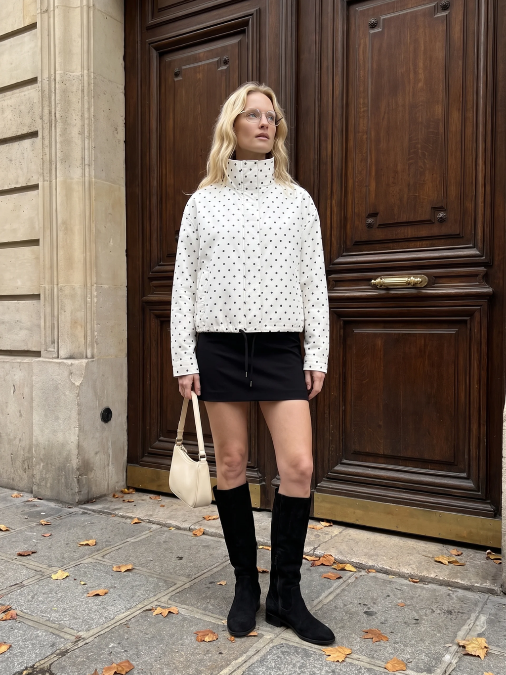 Emily | Polka Dot Stand Collar Jacket, Drawcord Hem Autumn Coat