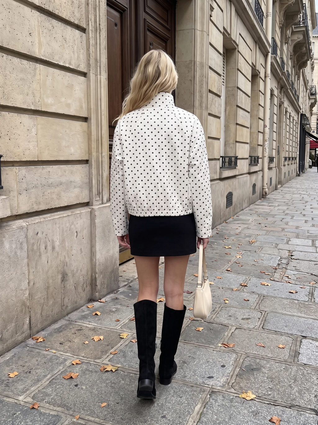 Emily | Polka Dot Stand Collar Jacket, Drawcord Hem Autumn Coat