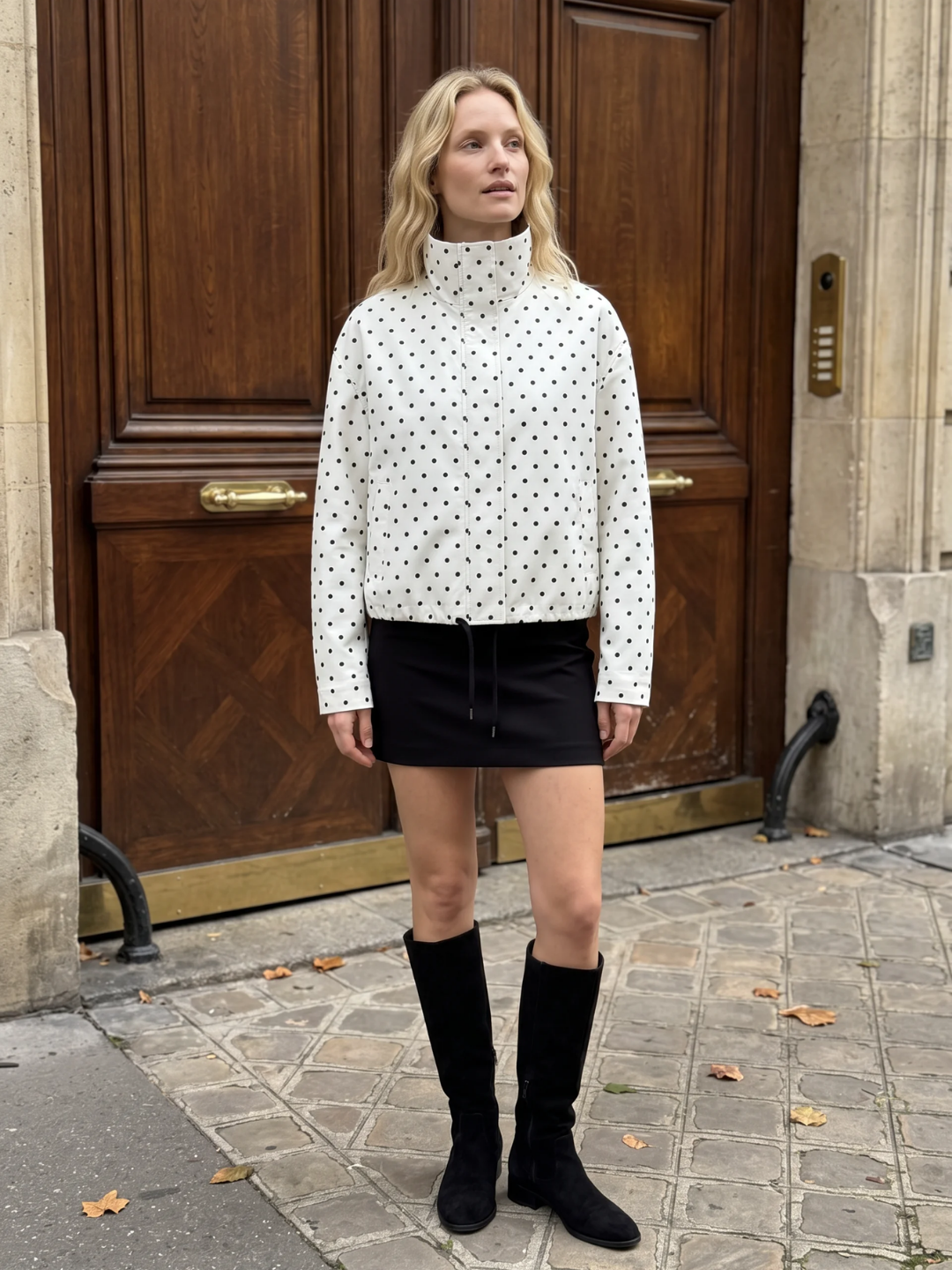 Emily | Polka Dot Stand Collar Jacket, Drawcord Hem Autumn Coat