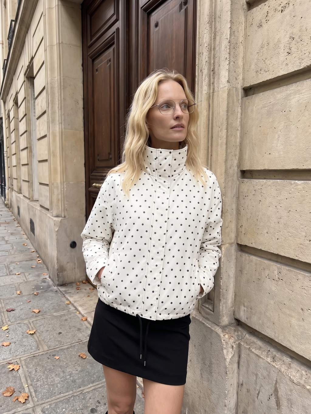 Emily | Polka Dot Stand Collar Jacket, Drawcord Hem Autumn Coat