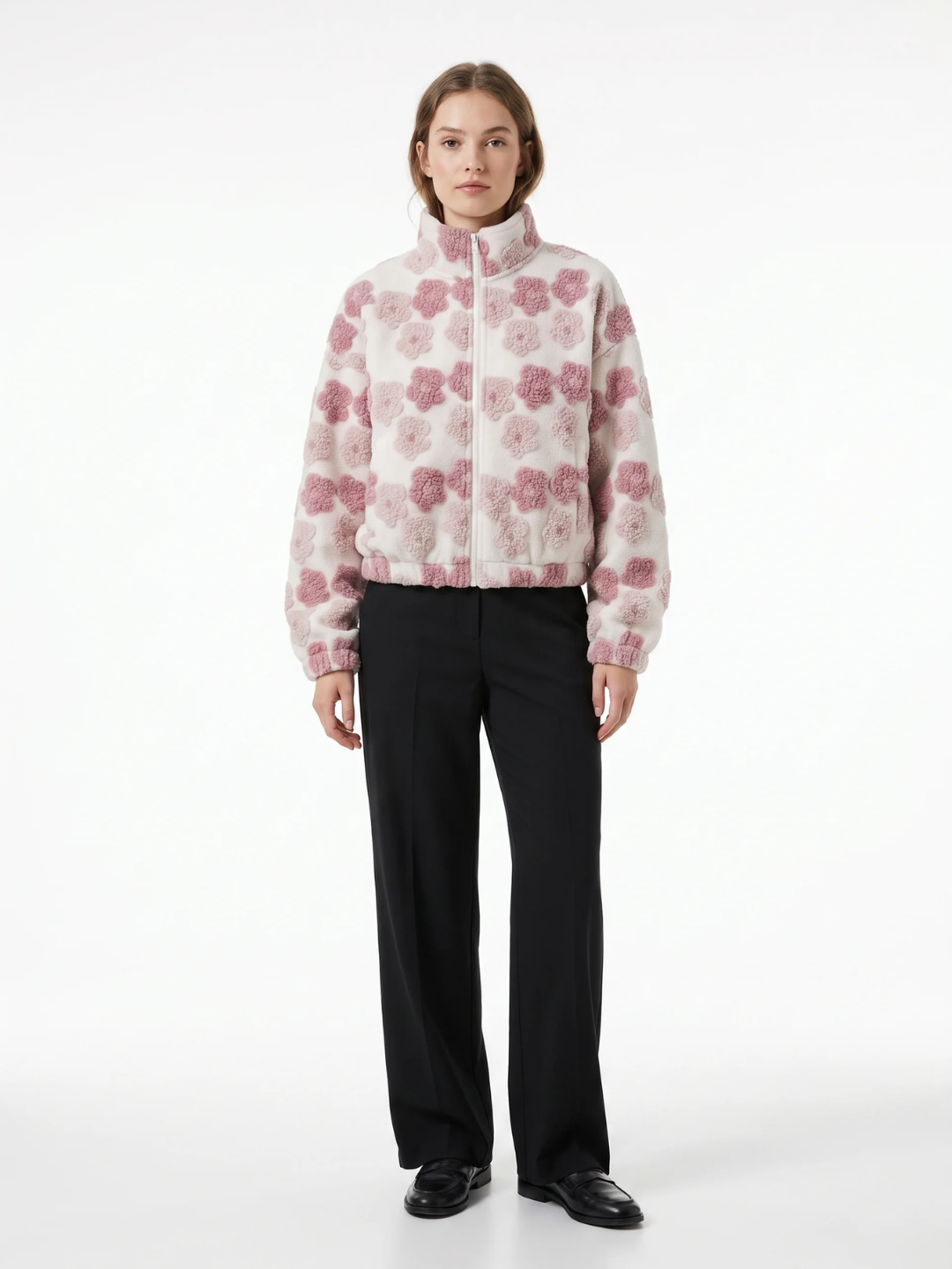Grace | Floral Textured Fleece Jacket, Cropped Zip-Up Winter Coat
