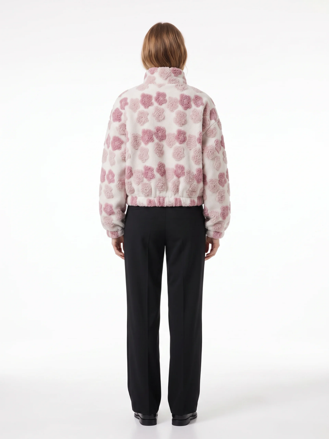 Grace | Floral Textured Fleece Jacket, Cropped Zip-Up Winter Coat