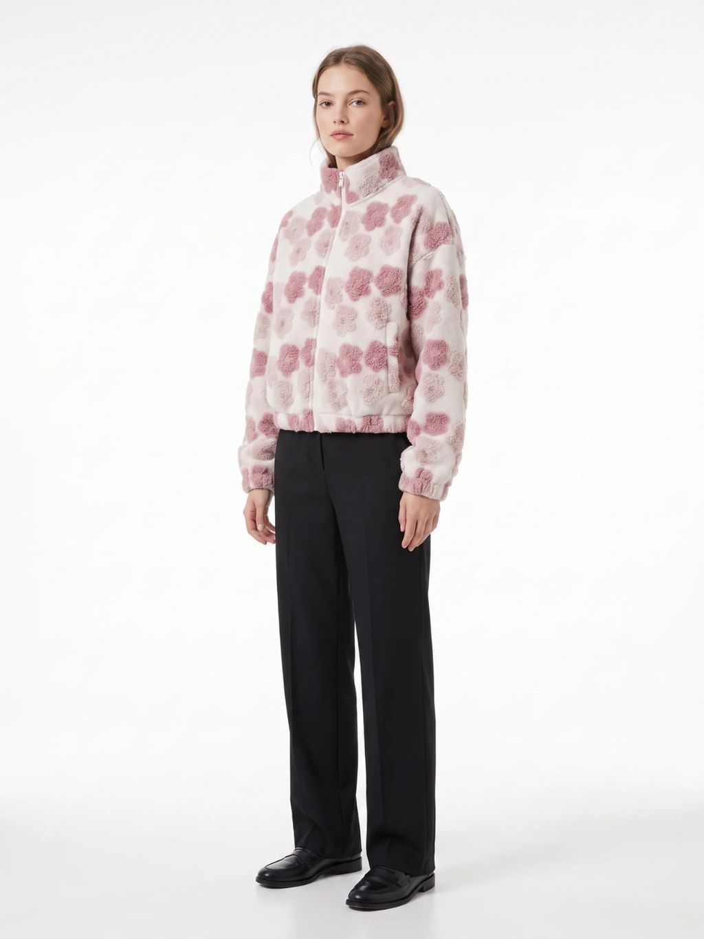 Grace | Floral Textured Fleece Jacket, Cropped Zip-Up Winter Coat