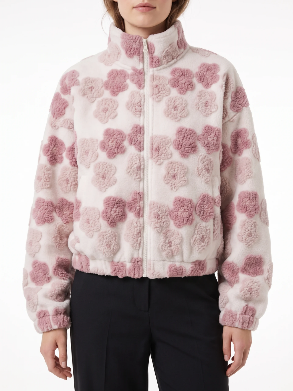 Grace | Floral Textured Fleece Jacket, Cropped Zip-Up Winter Coat