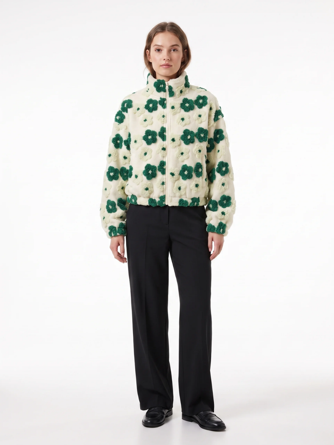 Grace | Floral Textured Fleece Jacket, Cropped Zip-Up Winter Coat