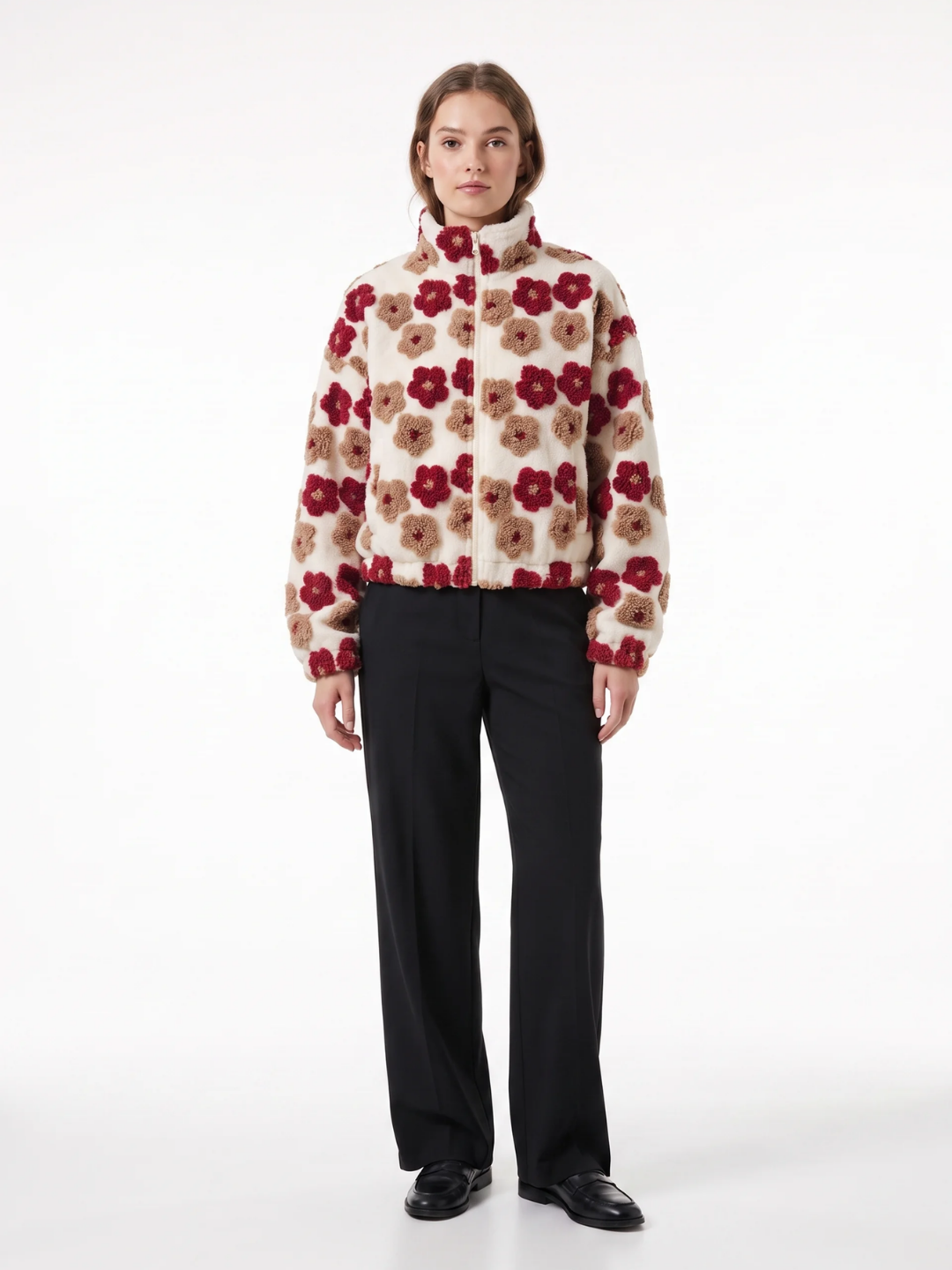 Grace | Floral Textured Fleece Jacket, Cropped Zip-Up Winter Coat
