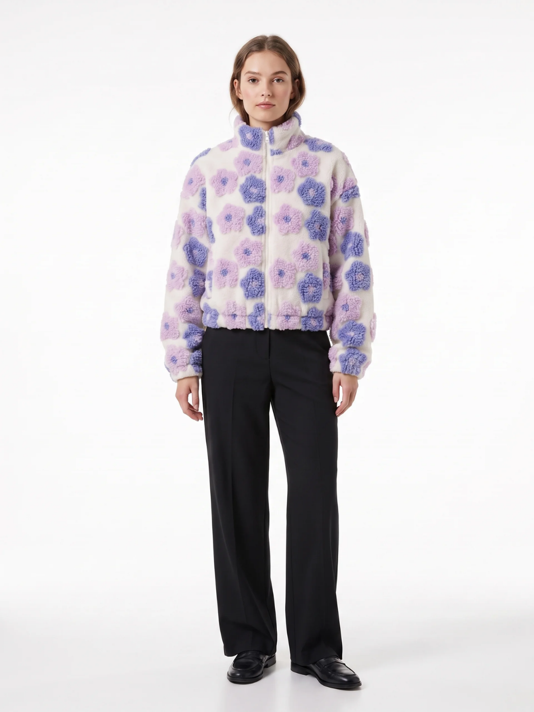 Grace | Floral Textured Fleece Jacket, Cropped Zip-Up Winter Coat