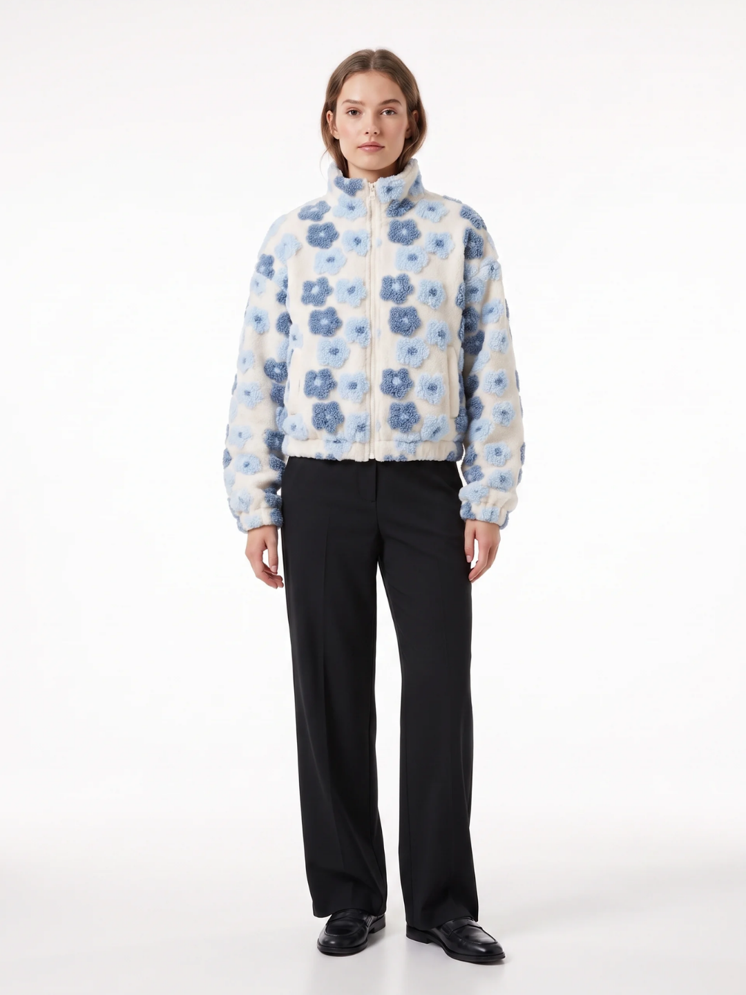 Grace | Floral Textured Fleece Jacket, Cropped Zip-Up Winter Coat
