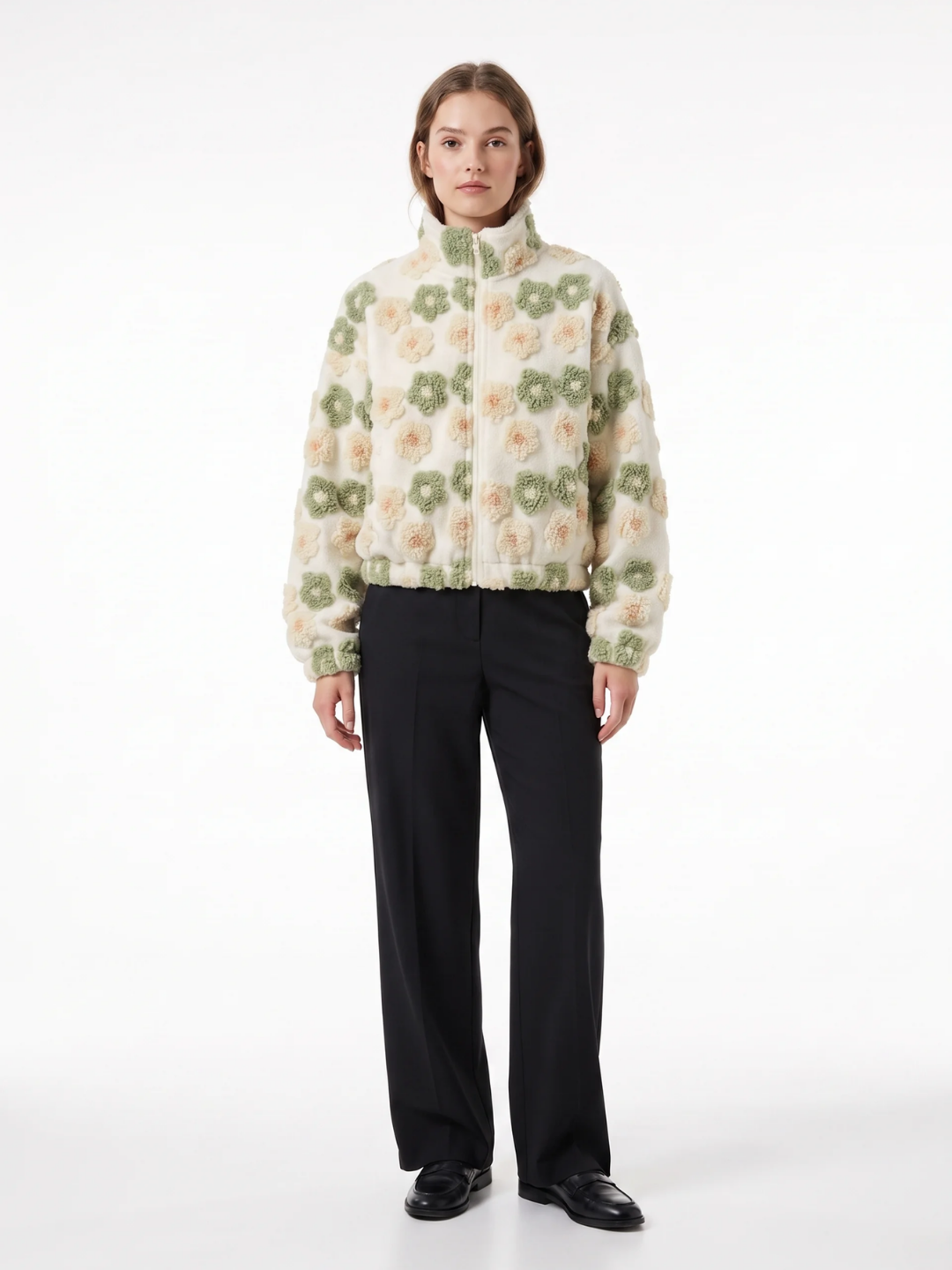 Grace | Floral Textured Fleece Jacket, Cropped Zip-Up Winter Coat