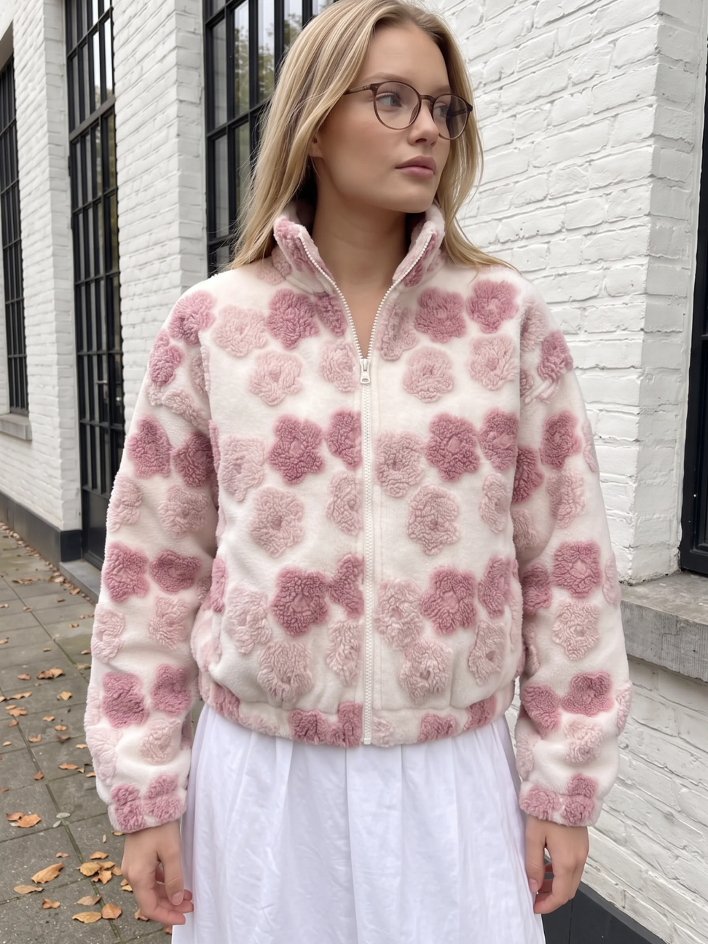 Grace | Floral Textured Fleece Jacket, Cropped Zip-Up Winter Coat