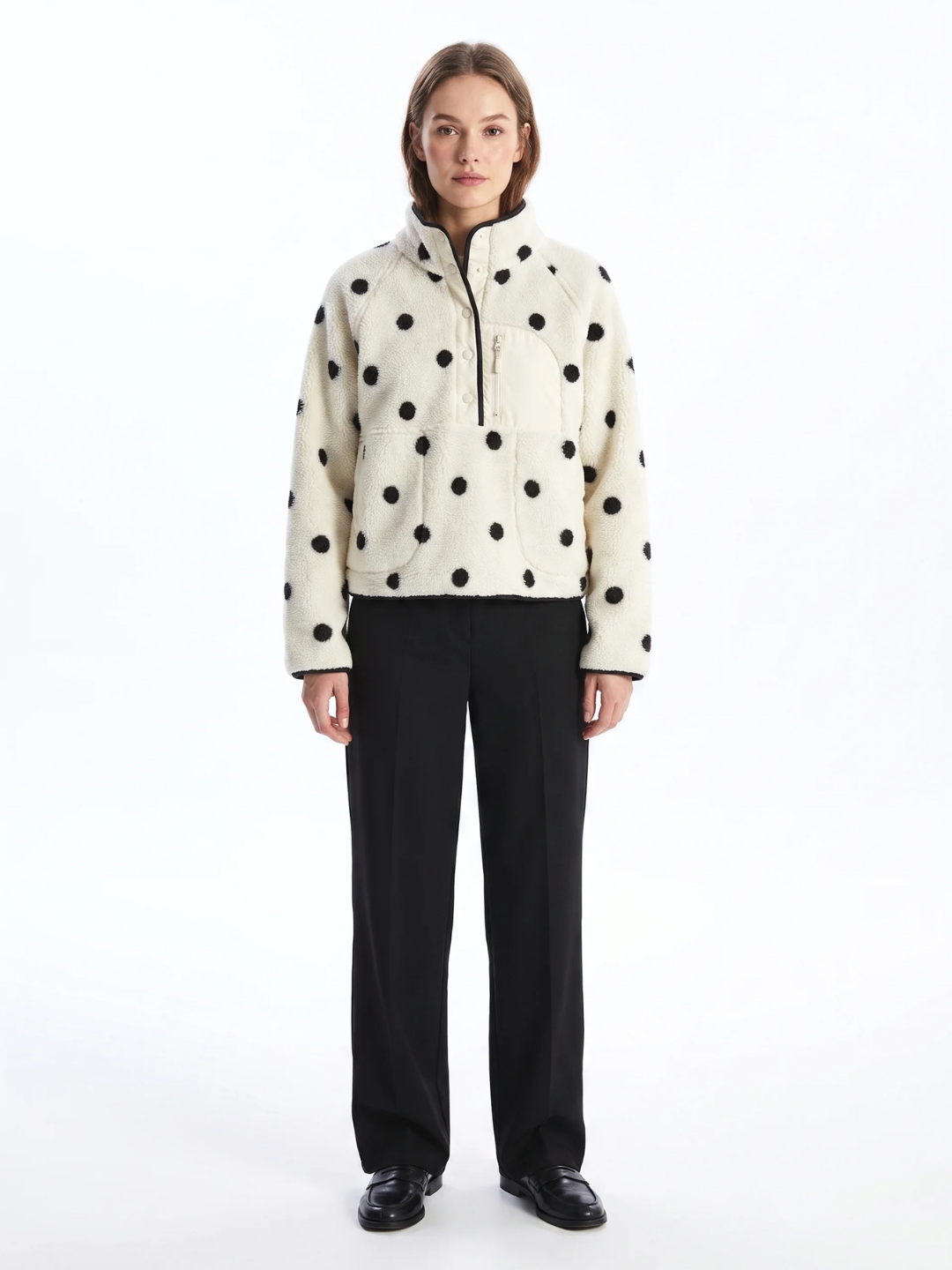 Annabel | Polka Dot Sherpa Fleece Pullover, Snap Button Winter Jacket