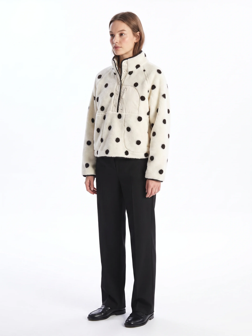 Annabel | Polka Dot Sherpa Fleece Pullover, Snap Button Winter Jacket