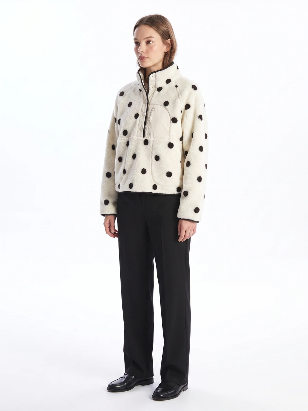 Annabel | Polka Dot Sherpa Fleece Pullover, Snap Button Winter Jacket