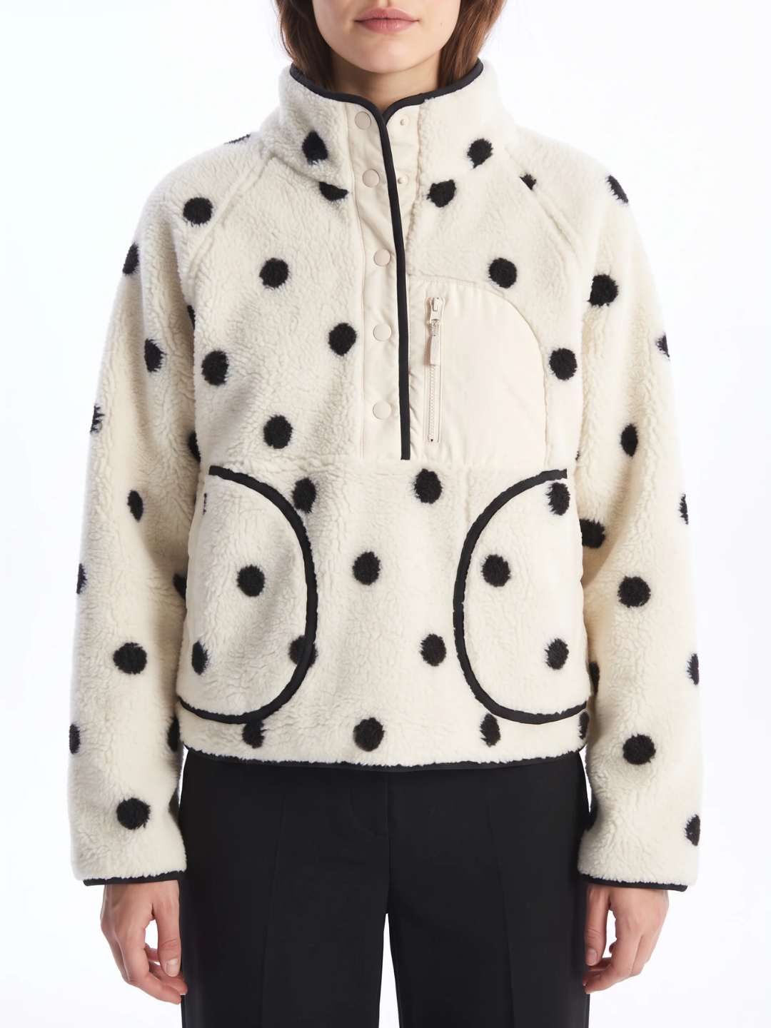 Annabel | Polka Dot Sherpa Fleece Pullover, Snap Button Winter Jacket