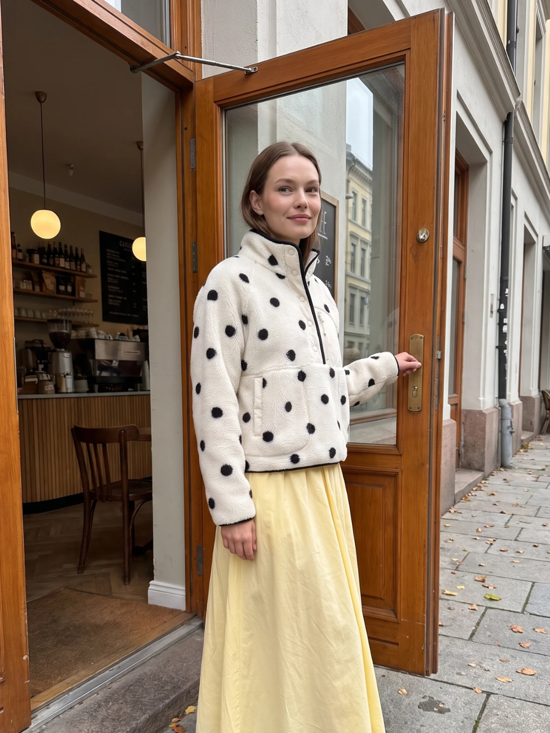 Annabel | Polka Dot Sherpa Fleece Pullover, Snap Button Winter Jacket