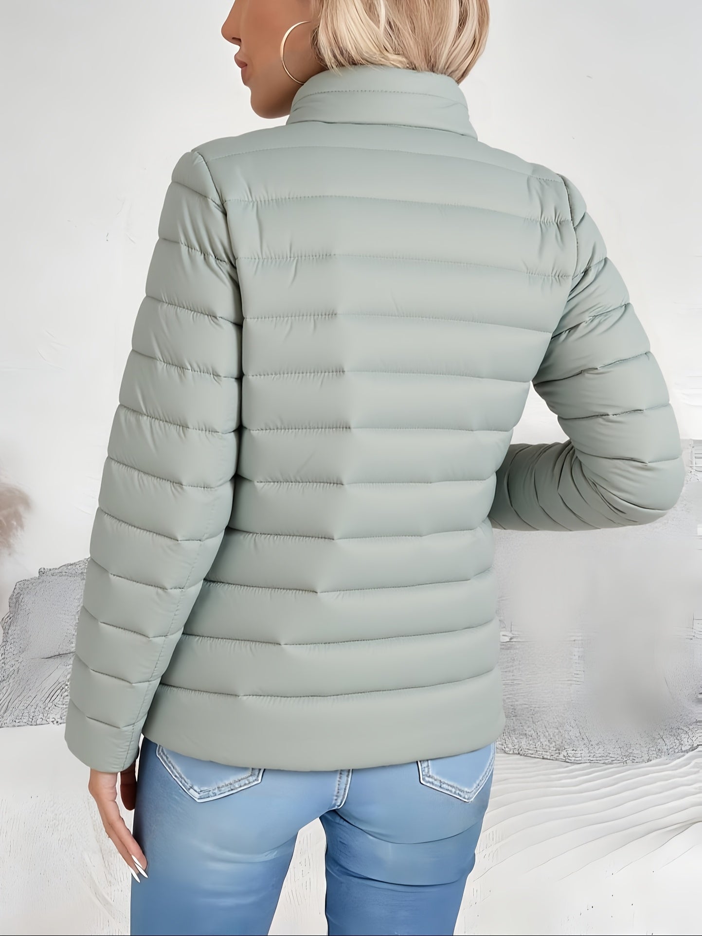 Women's Spring Slim-Fit Lightweight Warm Solid Color Jacket - Elegant, Stylish, and Versatile Beautiful Jacket - Stand Collar Zipper Long Sleeve - Casual Padded Polyester Fiber Cropped Coat - Seasonal Transition Jacket - High-Quality Classic Popular