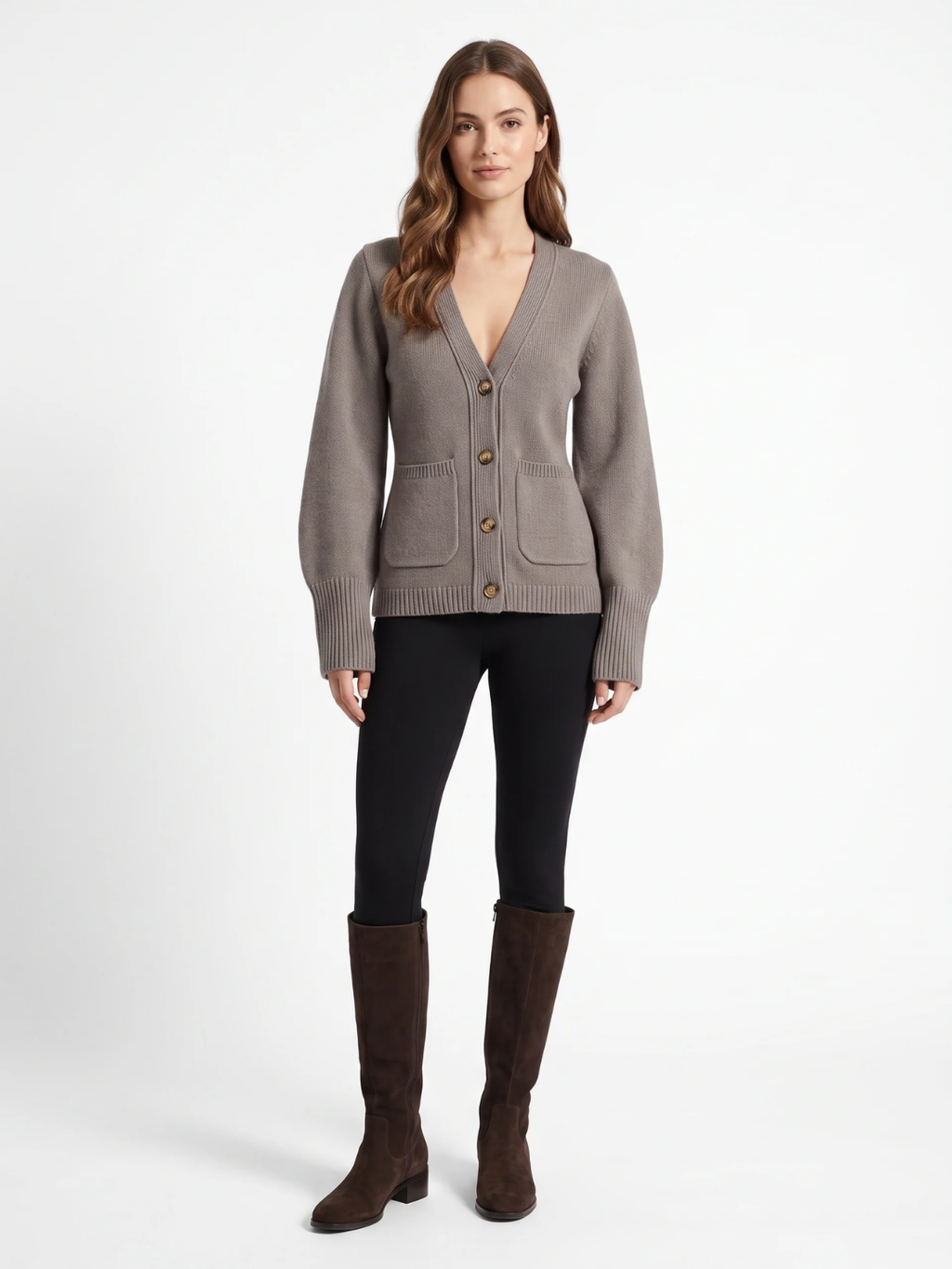 Mia | V-Neck Button Cardigan, Patch Pocket Winter Knitwear