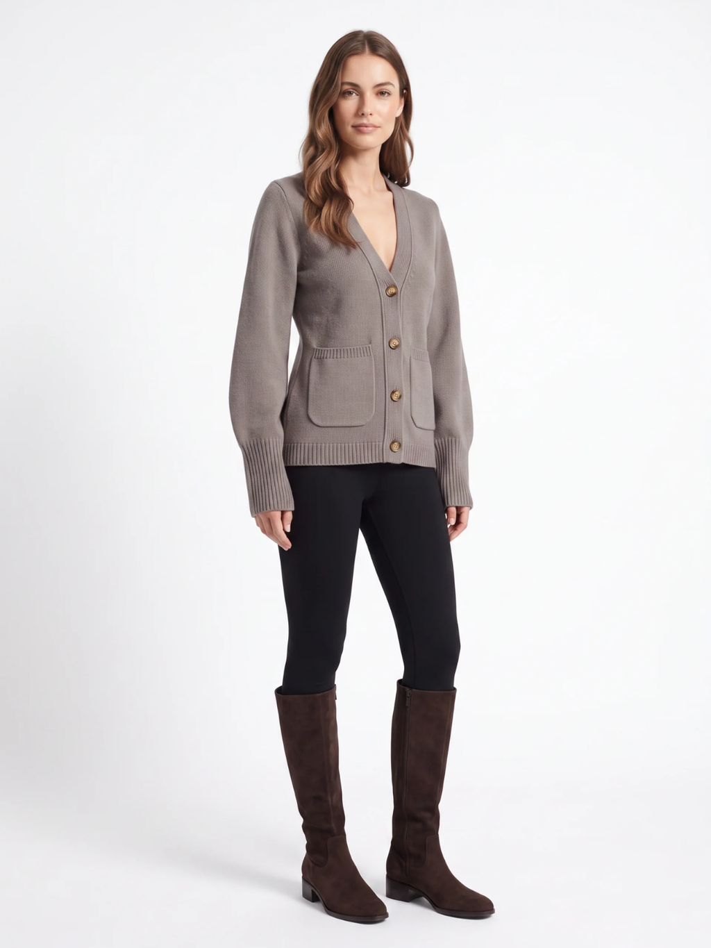 Mia | V-Neck Button Cardigan, Patch Pocket Winter Knitwear
