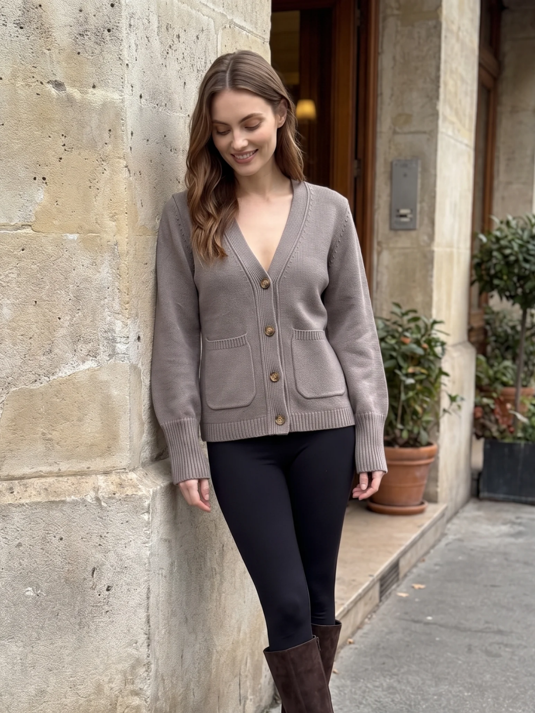 Mia | V-Neck Button Cardigan, Patch Pocket Winter Knitwear