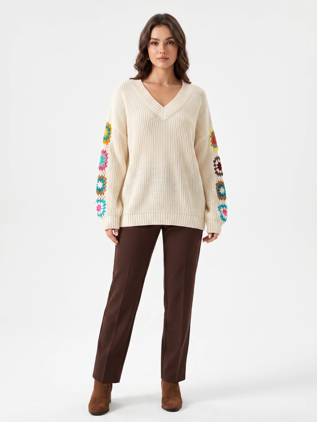 Olivia | Crochet Patchwork V-Neck Jumper, Oversized Autumn Winter Pullover