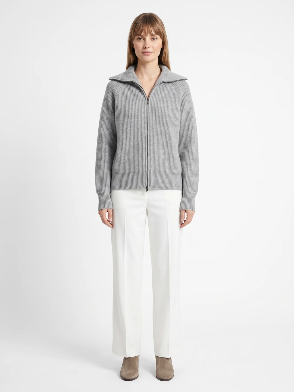 Nancy | Ribbed Zip-Up Cardigan, Funnel Neck Winter Knitwear
