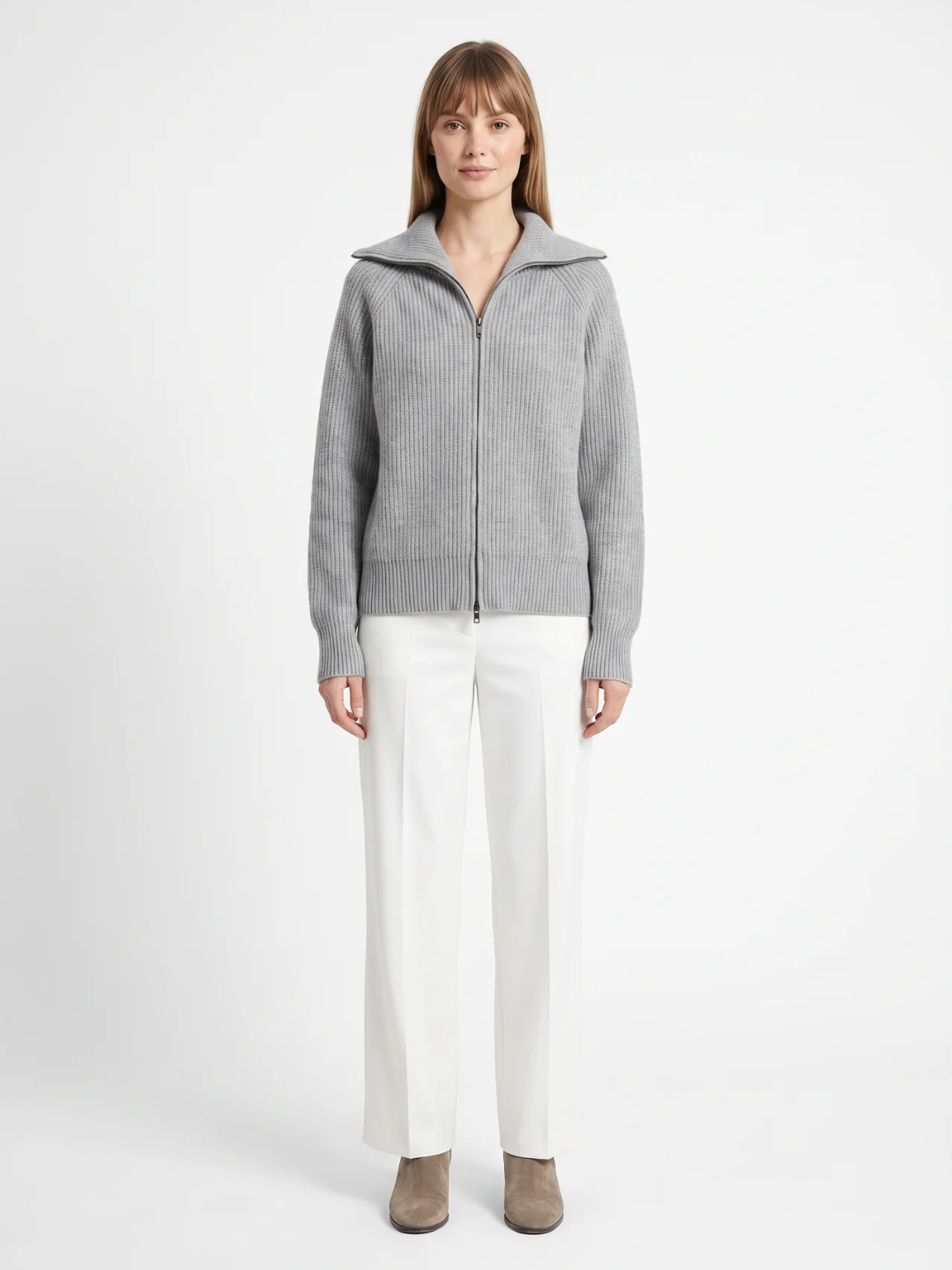 Nancy | Ribbed Zip-Up Cardigan, Funnel Neck Winter Knitwear