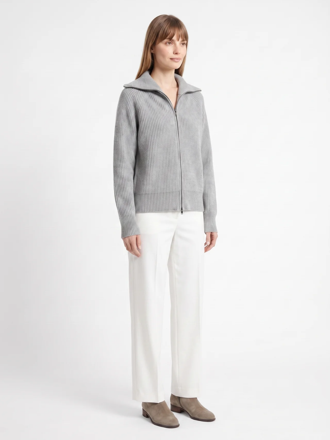 Nancy | Ribbed Zip-Up Cardigan, Funnel Neck Winter Knitwear