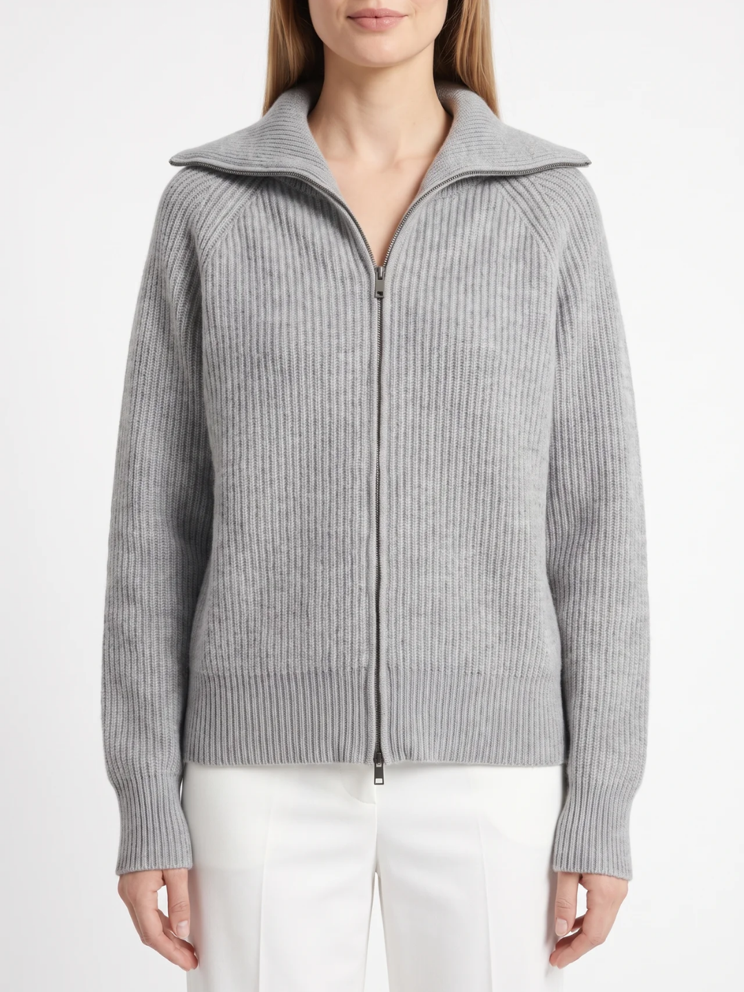 Nancy | Ribbed Zip-Up Cardigan, Funnel Neck Winter Knitwear
