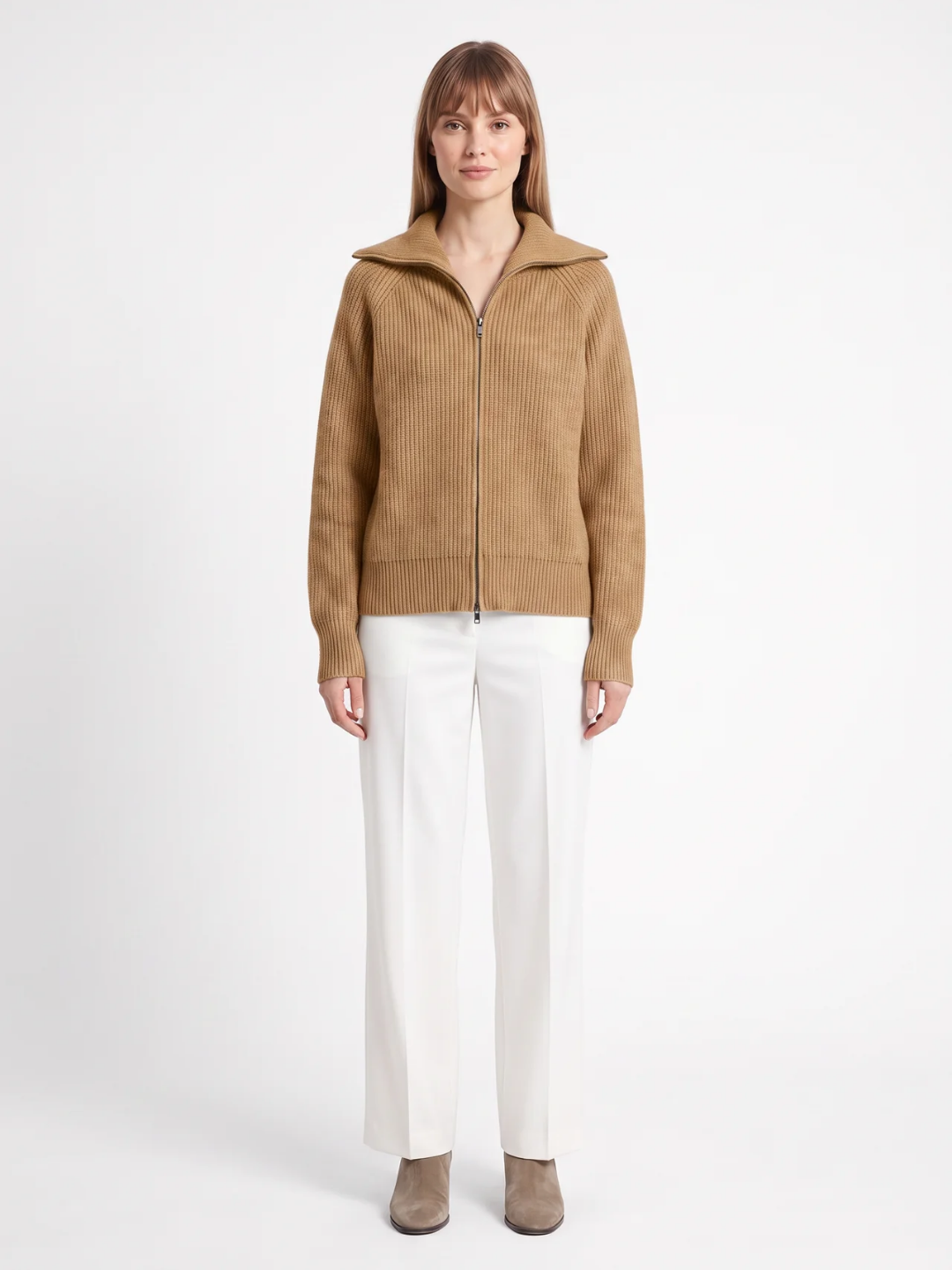 Nancy | Ribbed Zip-Up Cardigan, Funnel Neck Winter Knitwear
