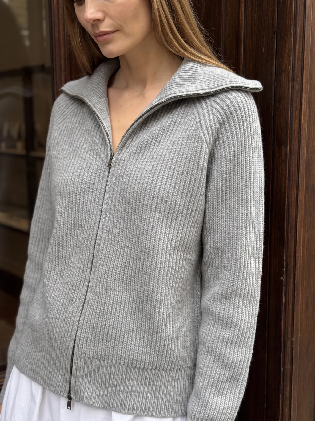 Nancy | Ribbed Zip-Up Cardigan, Funnel Neck Winter Knitwear