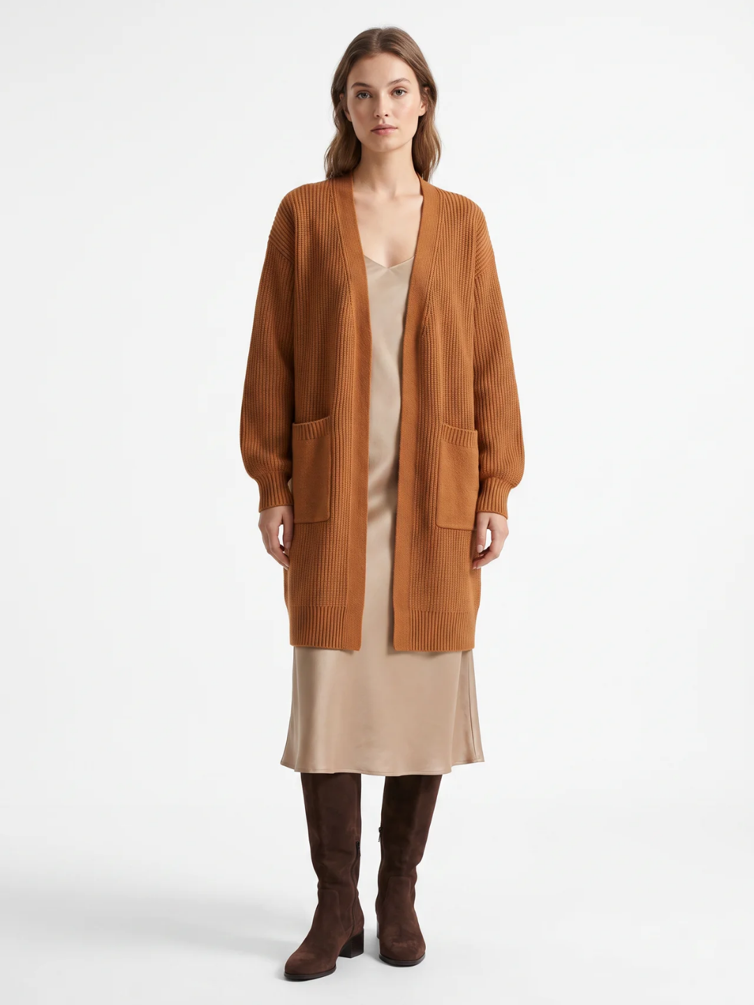 Ruby | Longline Open Front Cardigan, Ribbed Patch Pocket Winter Coatigan