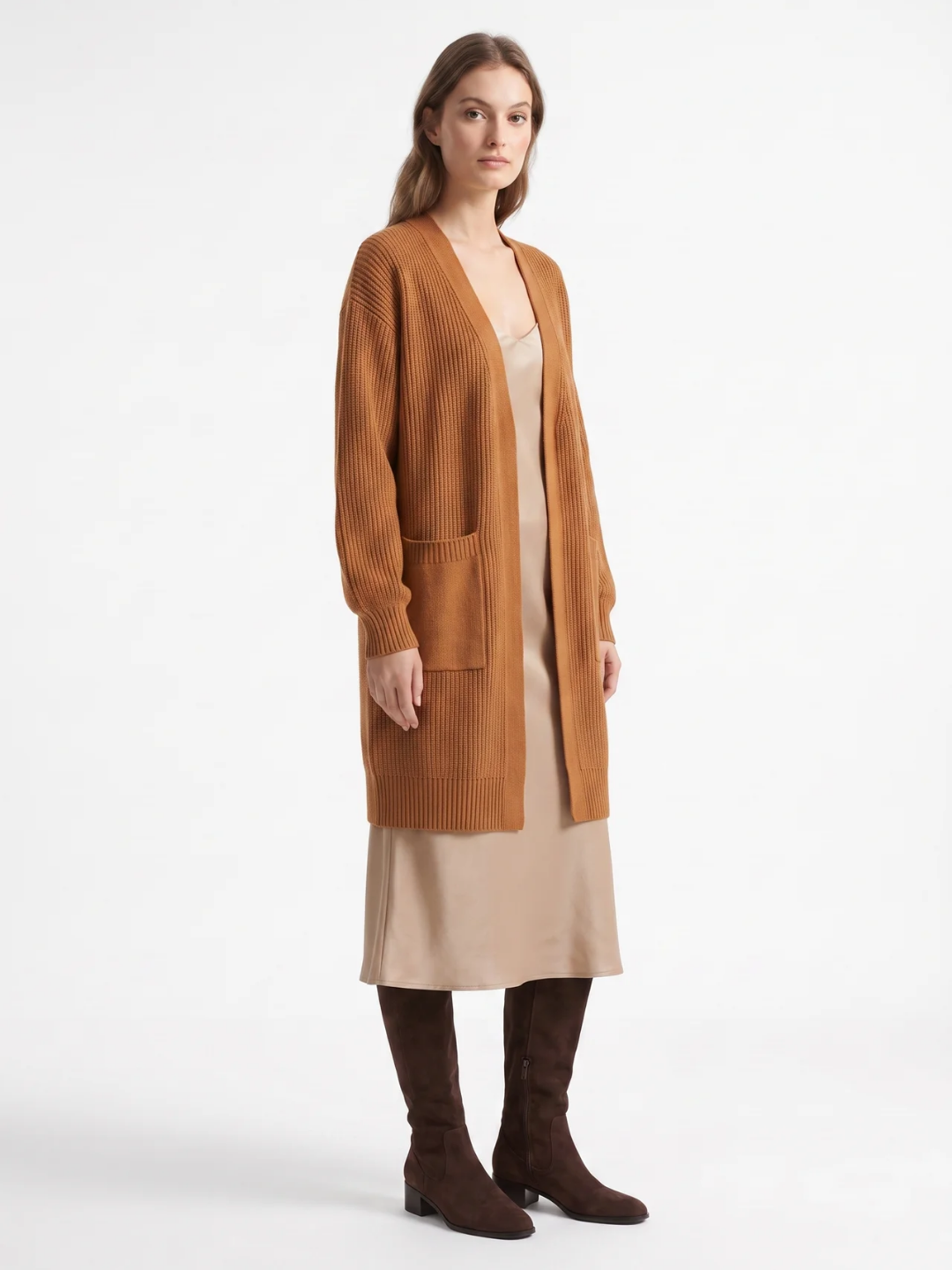 Ruby | Longline Open Front Cardigan, Ribbed Patch Pocket Winter Coatigan