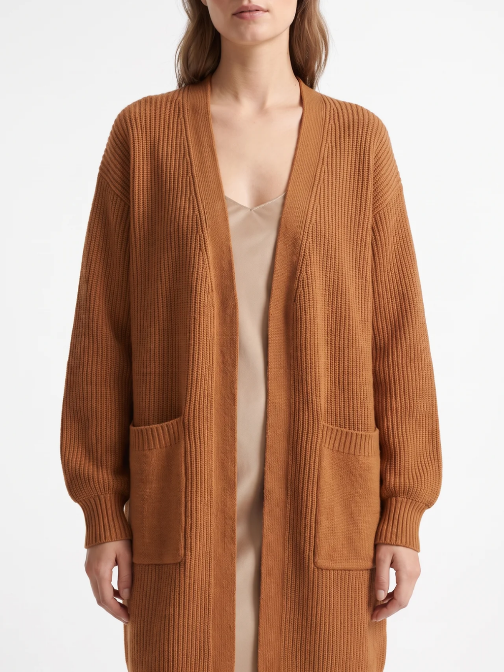 Ruby | Longline Open Front Cardigan, Ribbed Patch Pocket Winter Coatigan