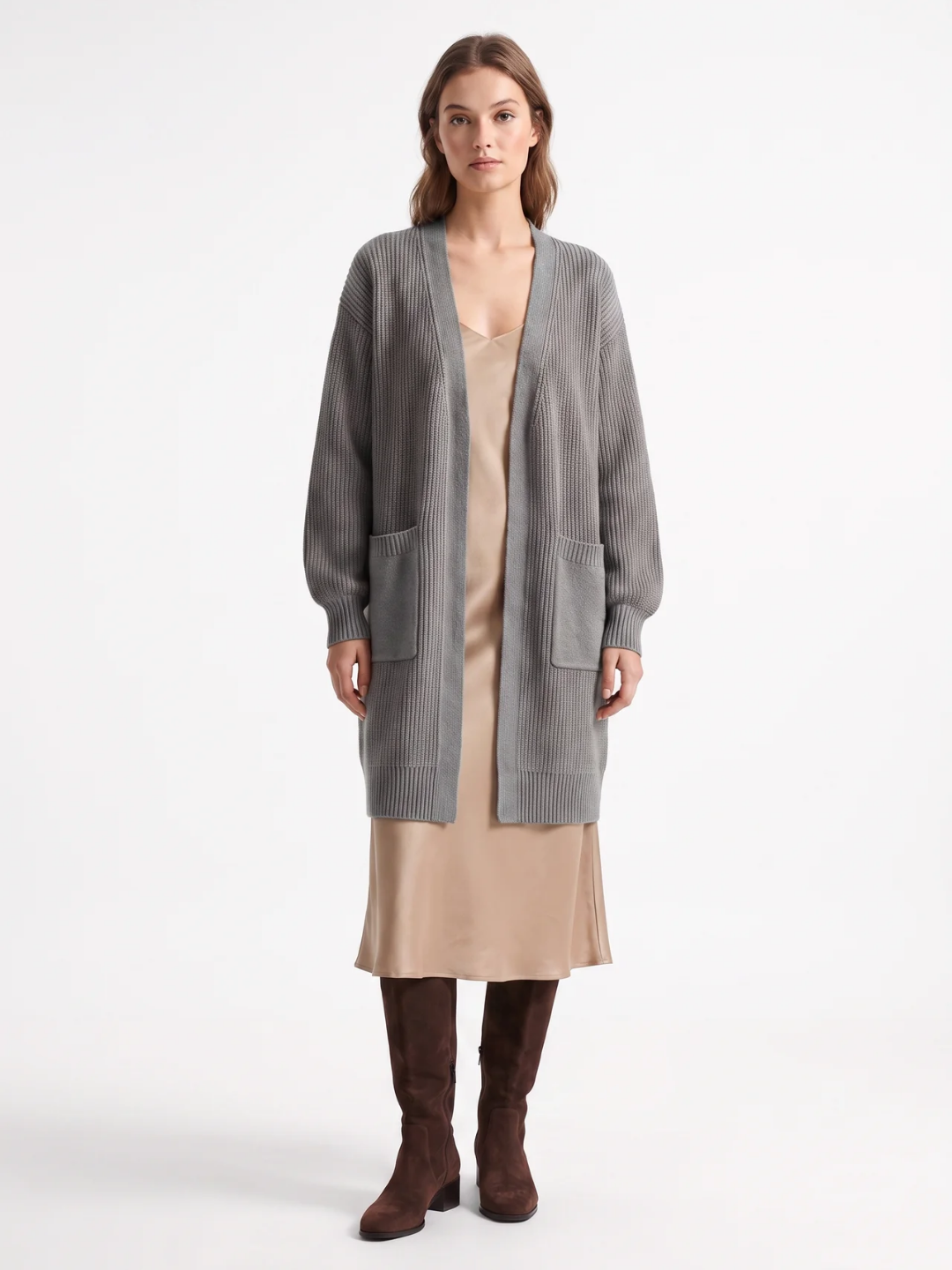 Ruby | Longline Open Front Cardigan, Ribbed Patch Pocket Winter Coatigan