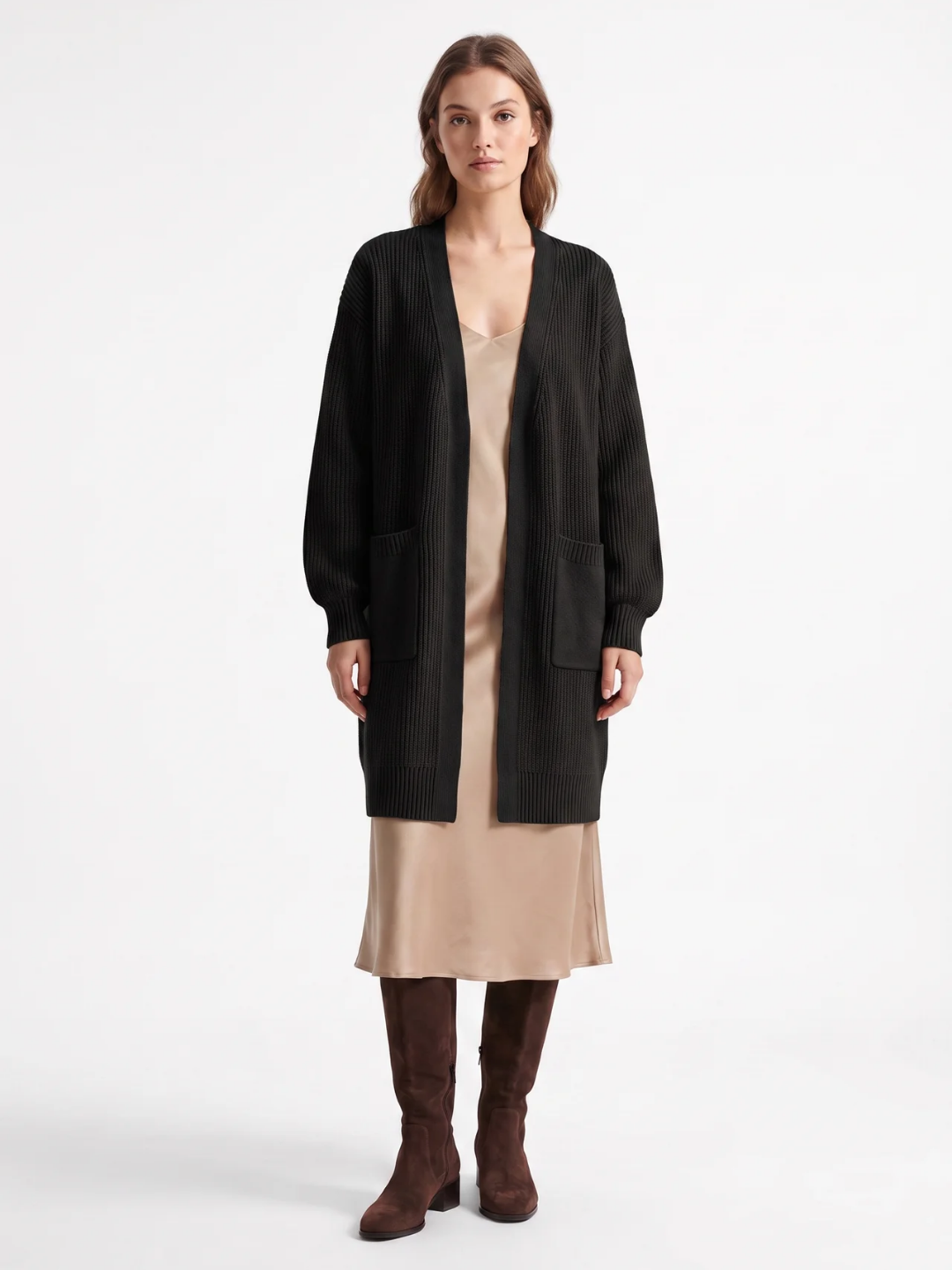 Ruby | Longline Open Front Cardigan, Ribbed Patch Pocket Winter Coatigan