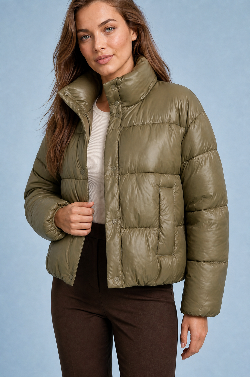 Olive Quilted High-Neck Puffer Jacket