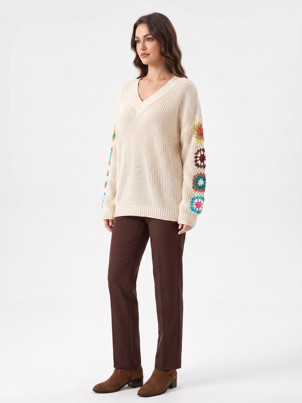 Olivia | Crochet Patchwork V-Neck Jumper, Oversized Autumn Winter Pullover