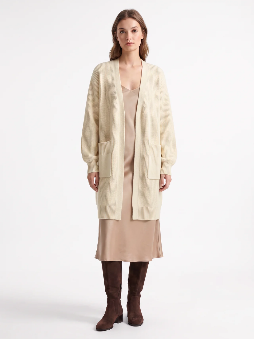 Ruby | Longline Open Front Cardigan, Ribbed Patch Pocket Winter Coatigan