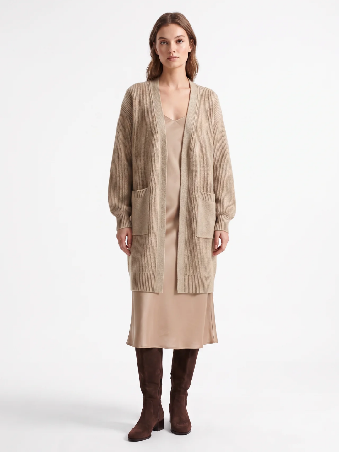 Ruby | Longline Open Front Cardigan, Ribbed Patch Pocket Winter Coatigan