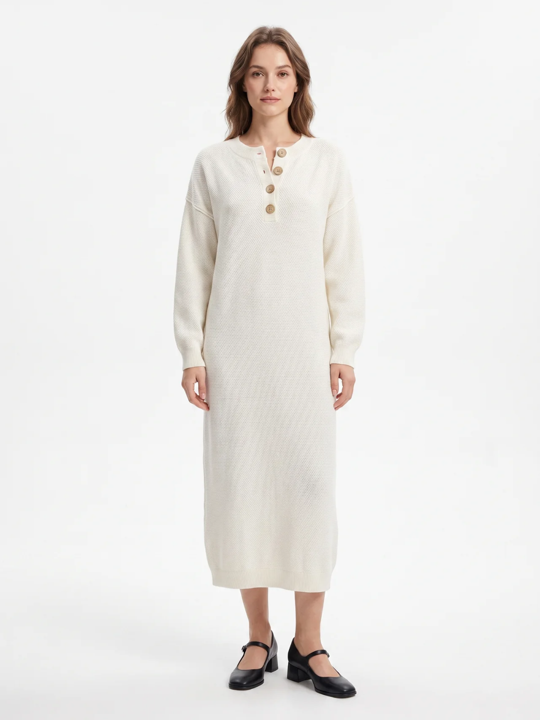 Rosie | Button Neck Knit Midi Dress, Long Sleeve Winter Jumper Dress