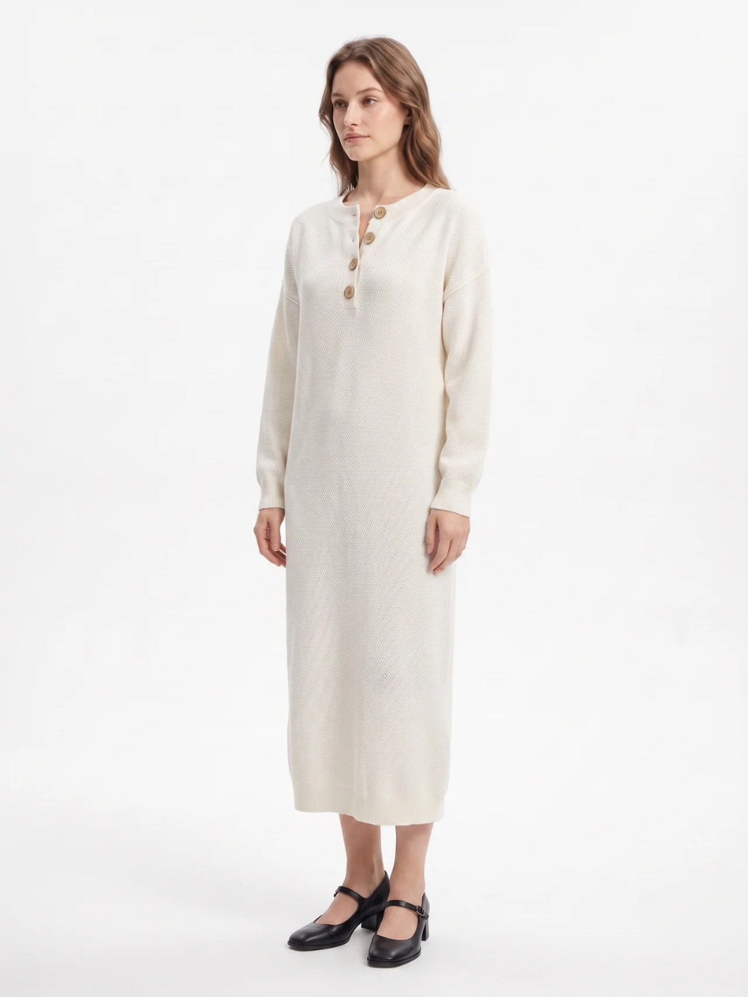 Rosie | Button Neck Knit Midi Dress, Long Sleeve Winter Jumper Dress