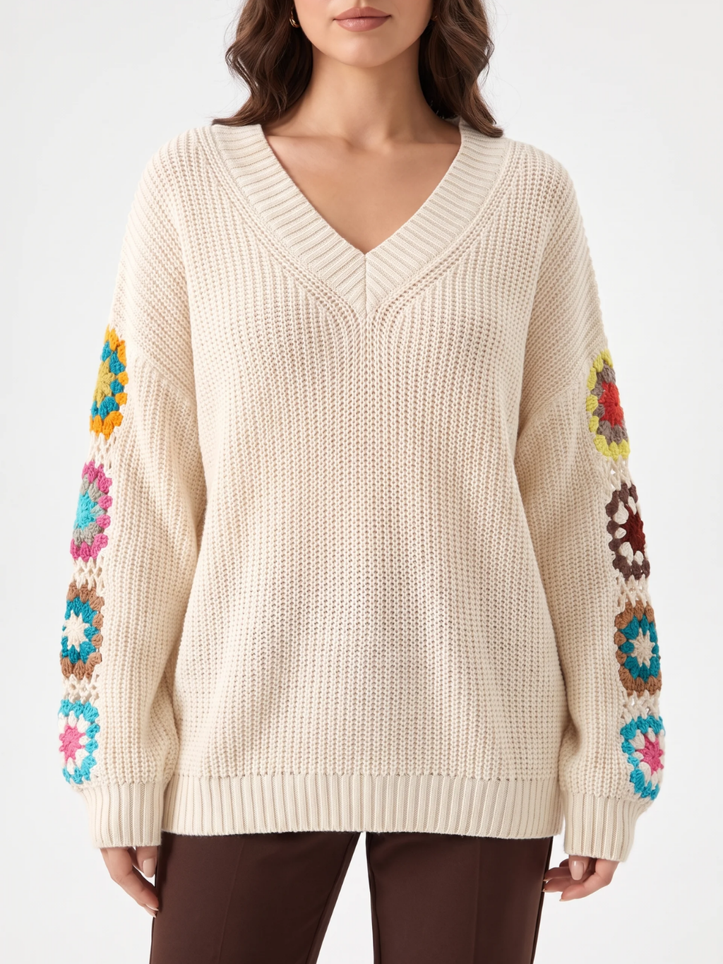 Olivia | Crochet Patchwork V-Neck Jumper, Oversized Autumn Winter Pullover