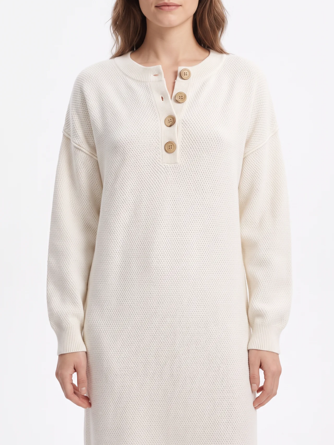 Rosie | Button Neck Knit Midi Dress, Long Sleeve Winter Jumper Dress