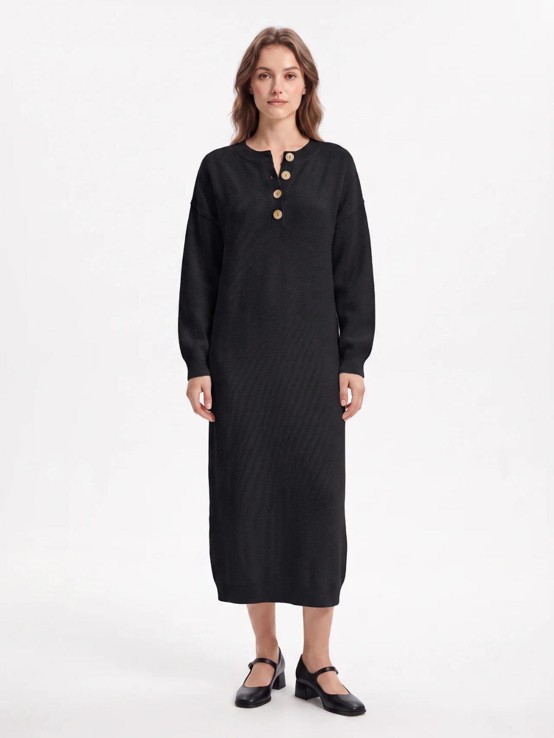 Rosie | Button Neck Knit Midi Dress, Long Sleeve Winter Jumper Dress