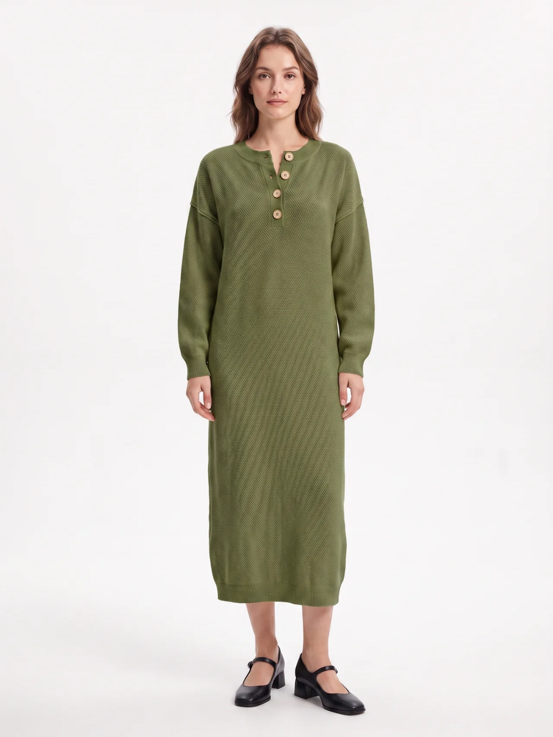 Rosie | Button Neck Knit Midi Dress, Long Sleeve Winter Jumper Dress