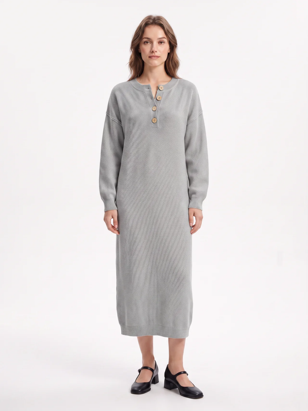 Rosie | Button Neck Knit Midi Dress, Long Sleeve Winter Jumper Dress