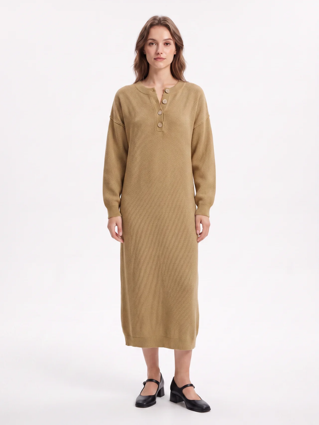 Rosie | Button Neck Knit Midi Dress, Long Sleeve Winter Jumper Dress