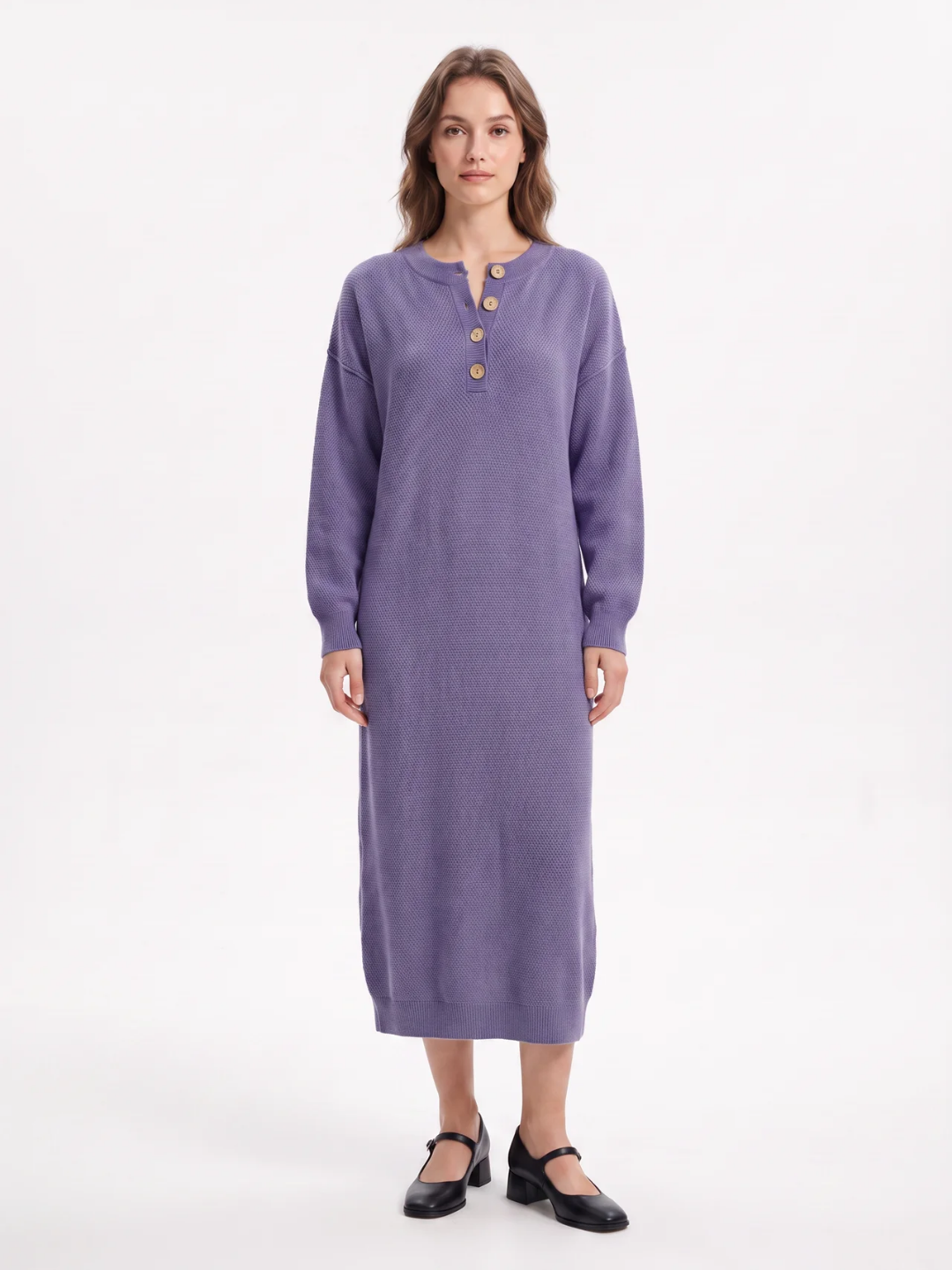 Rosie | Button Neck Knit Midi Dress, Long Sleeve Winter Jumper Dress