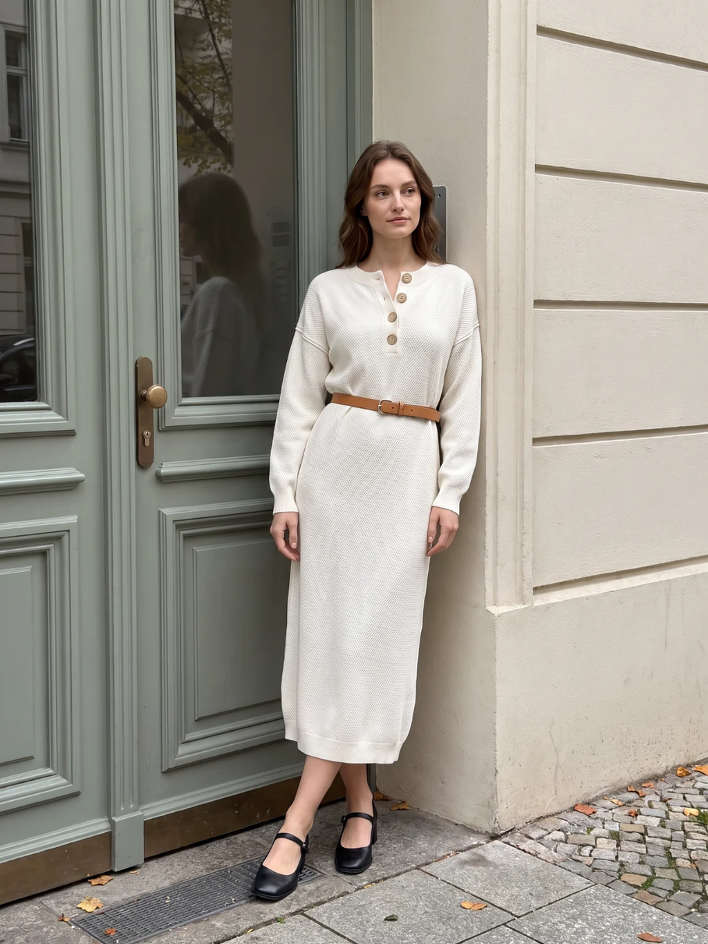 Rosie | Button Neck Knit Midi Dress, Long Sleeve Winter Jumper Dress